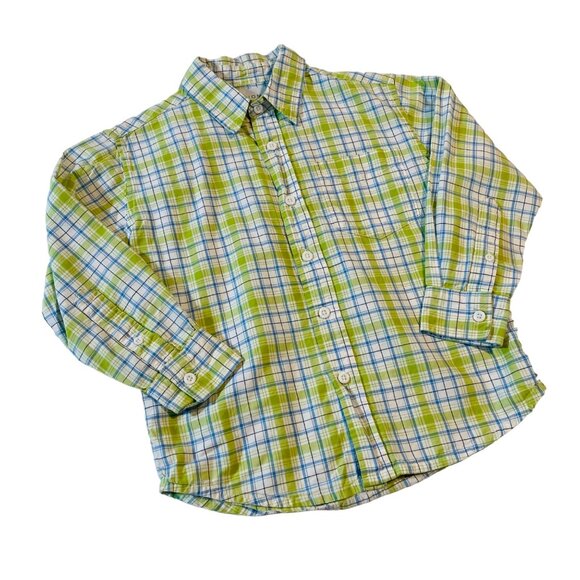 Sonoma Lifestyle Boys Plaid Long Sleeve Shirt M 5/6 100% Cotton Green & Blue - Picture 1 of 7